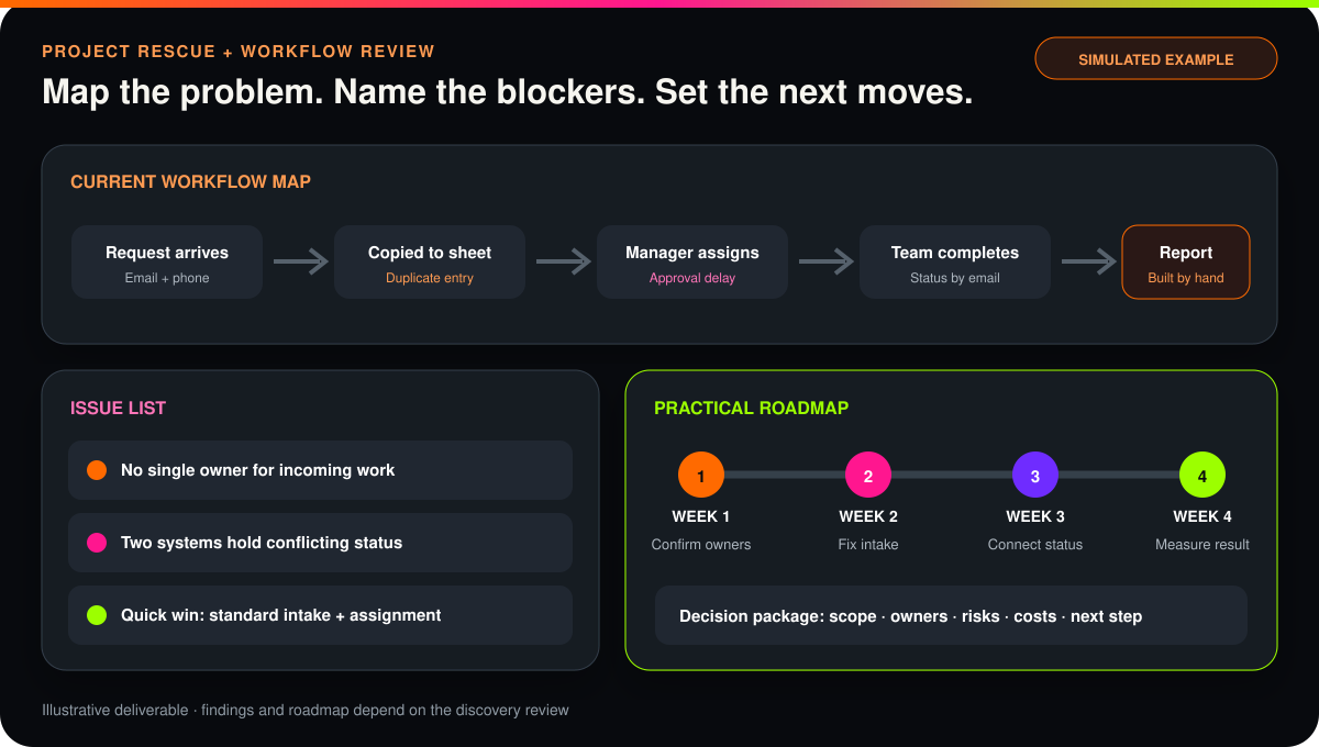 Illustrative project rescue view showing a workflow map, issue list and practical four-week roadmap